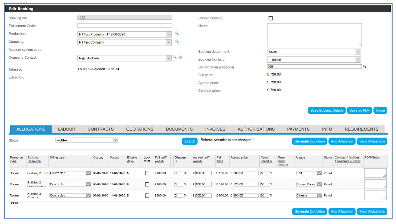 Screenshot of Studio Booking Control User Interface