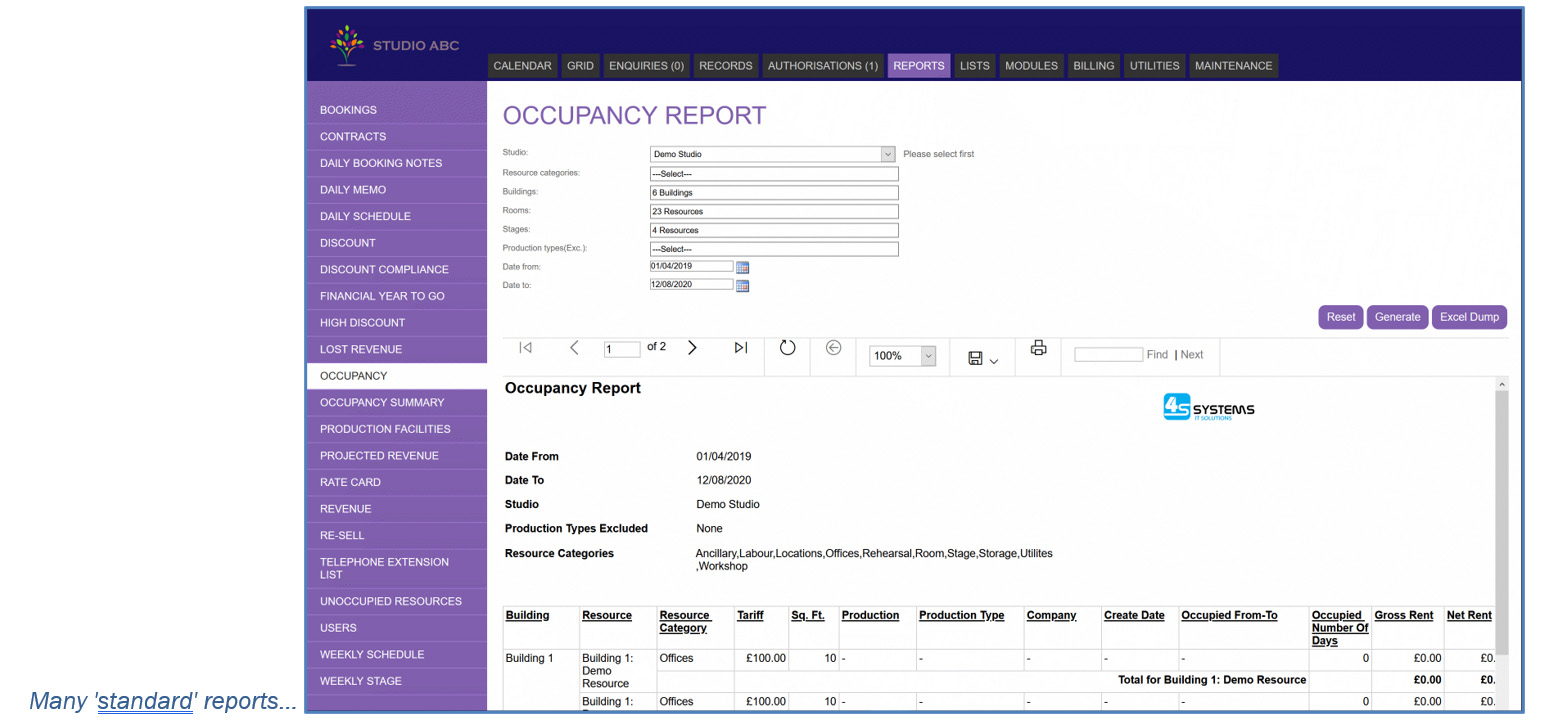 Screenshot of Standard Reports Features